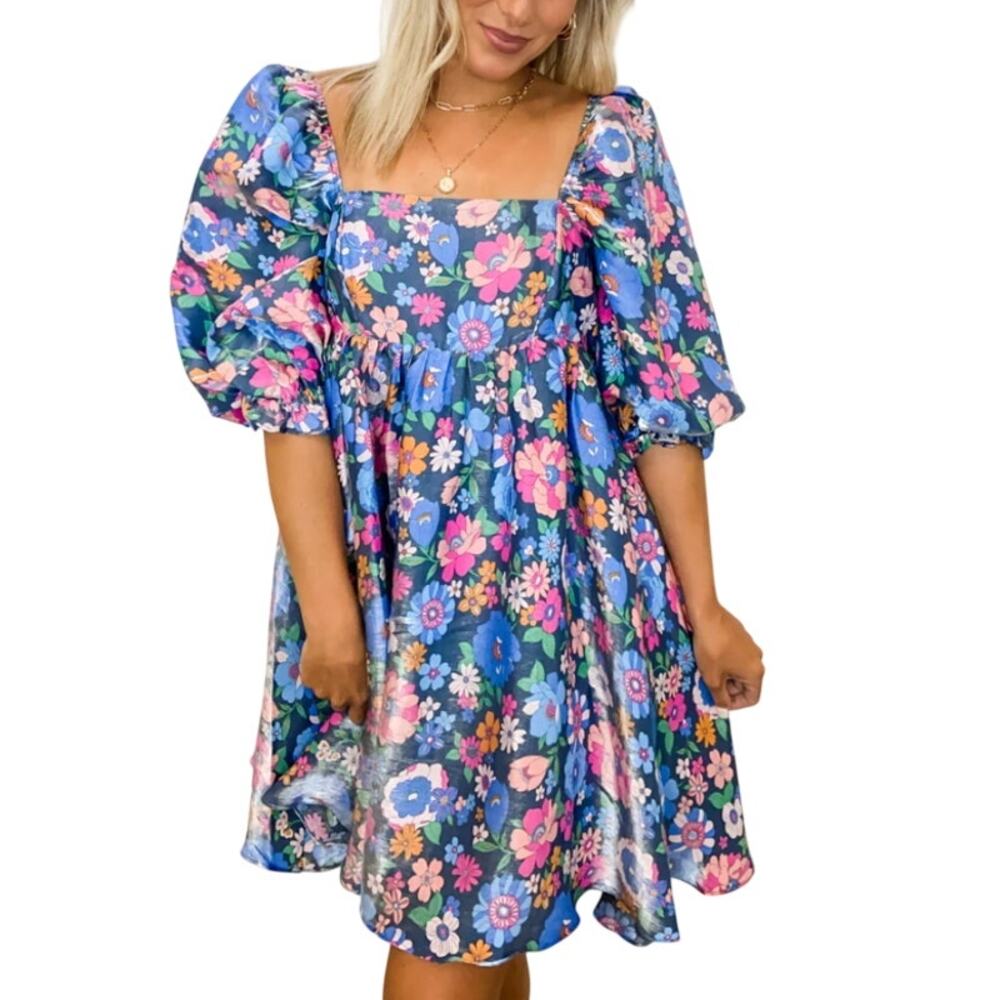 Storia Blue Floral Colorful Babydoll Puff Sleeve Whimsical Fairycore Mini Dress